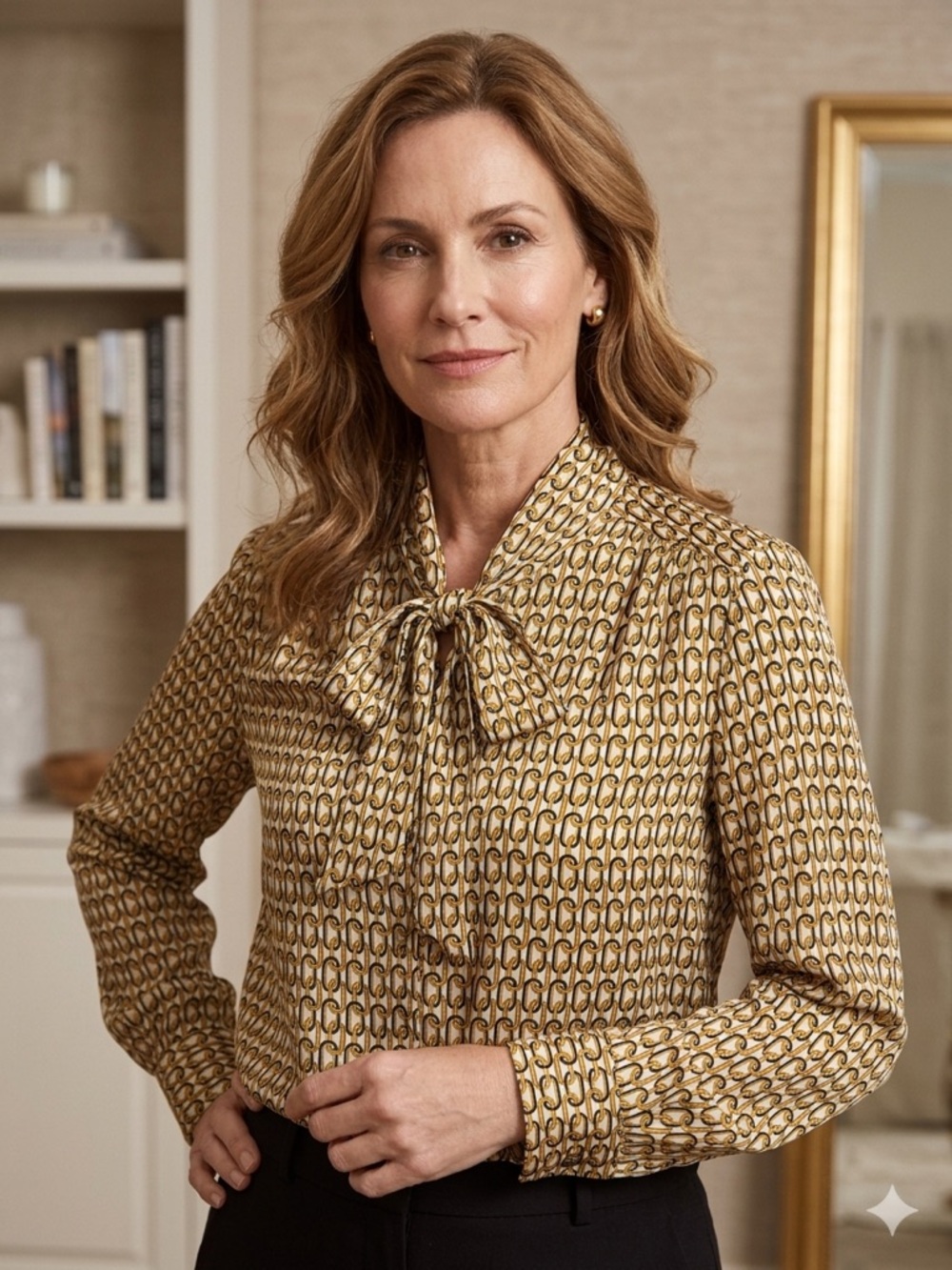 RACHEL Rachel Roy Gold and Black Chain-Print Blouse